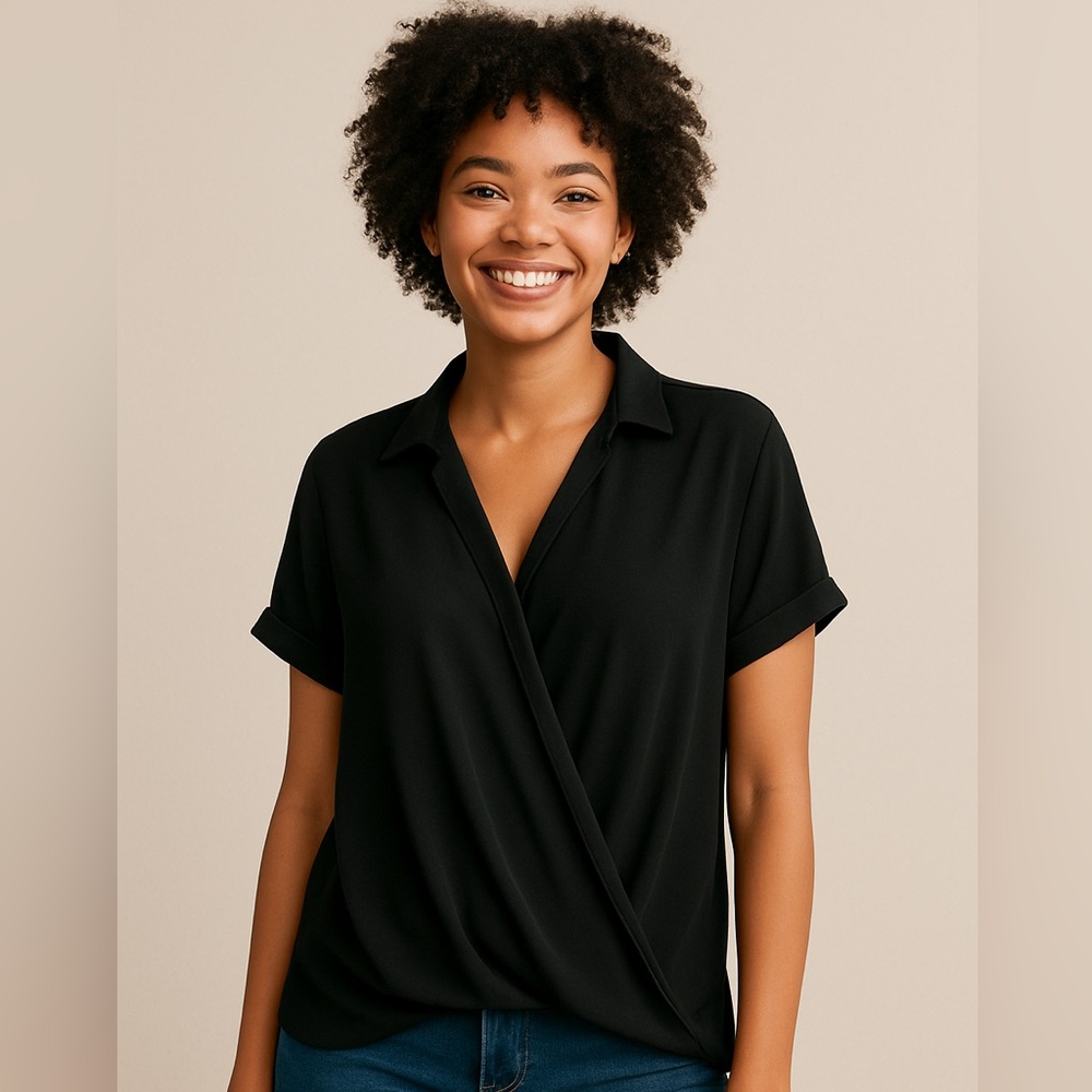 Lush Black Draped Wrap Short Sleeve Blouse Women’s Size Large